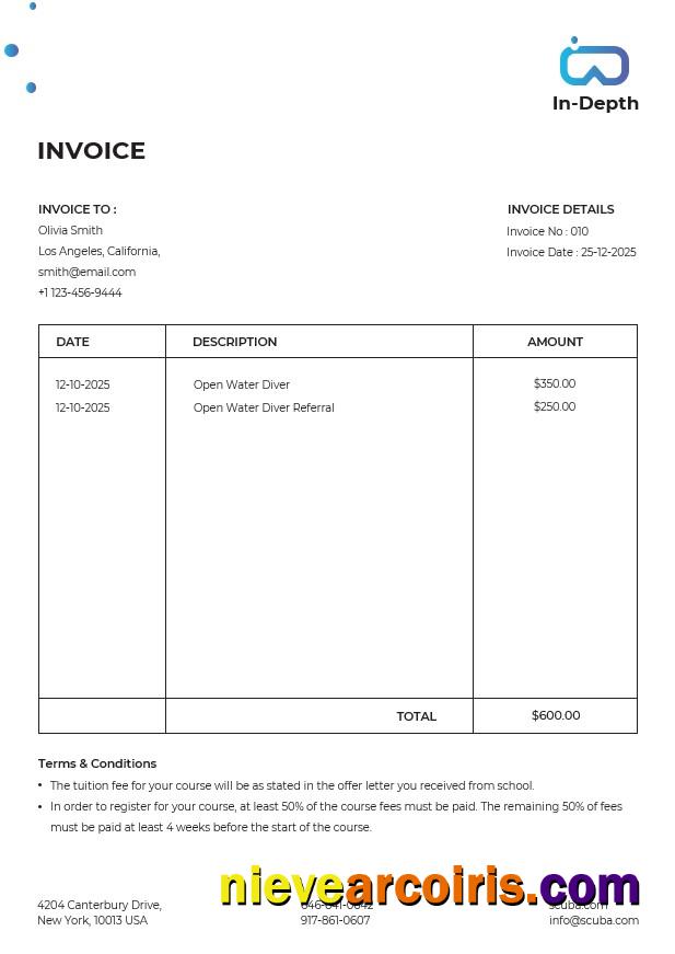 Scuba Diving School Invoice